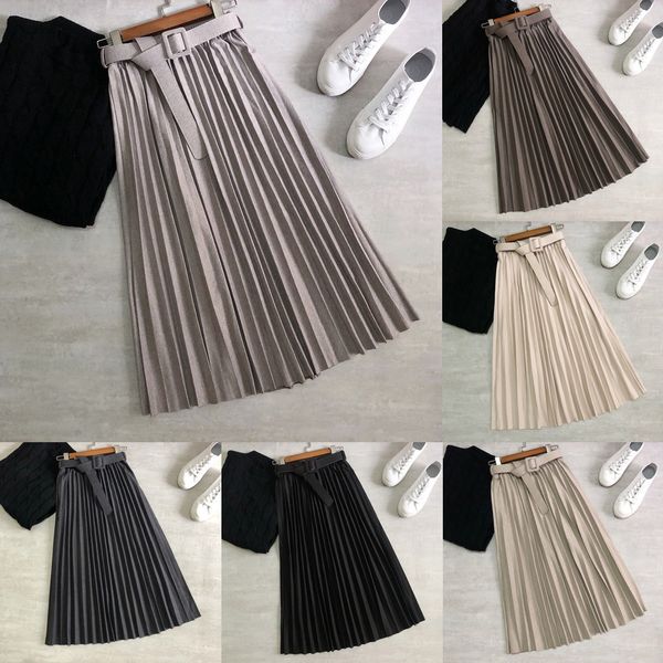 

2020 new autumn winter korean high waist skirt woolen with belt pleated skirt thickened woolen herringbone a- line skirt women q1209, Black