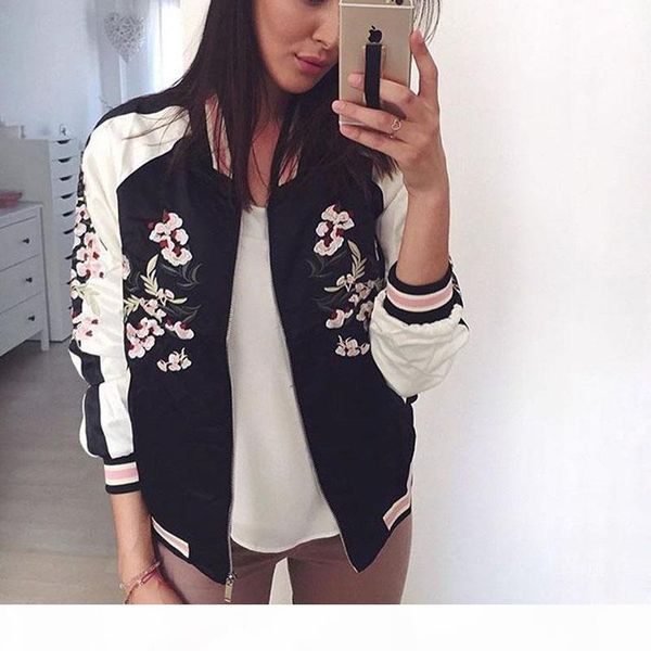 

wholesale- azulina reversible coat pink embroidery bomber jacket women autumn spring flower baseball short jackets female black overcoat, Black;brown