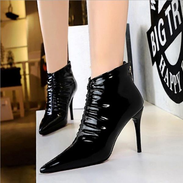 

boots ankle women shoes fashion high-heeled patent leather 2021 winter short fur warm d6521, Black