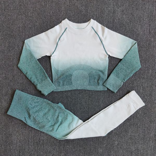 

2pcs ombre seamless women sports suit gym leggings workout clothes long sleeve fitness crop shirts pants yoga set tracksuit c0122, Gray