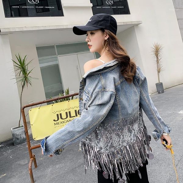 

jsxdhk new luxury women denim jacket coat fashion autumn sequined embroidery tassel beading ladies single breasted cowboy coat1, Black;brown