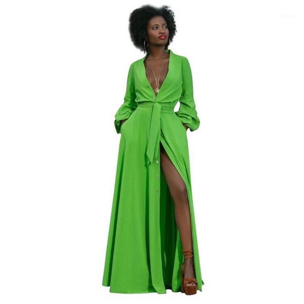 

casual dresses fashion deep v neck maxi green dress 2021 neon full flare sleeve empire with sash button up lady long robe dm62061, Black;gray