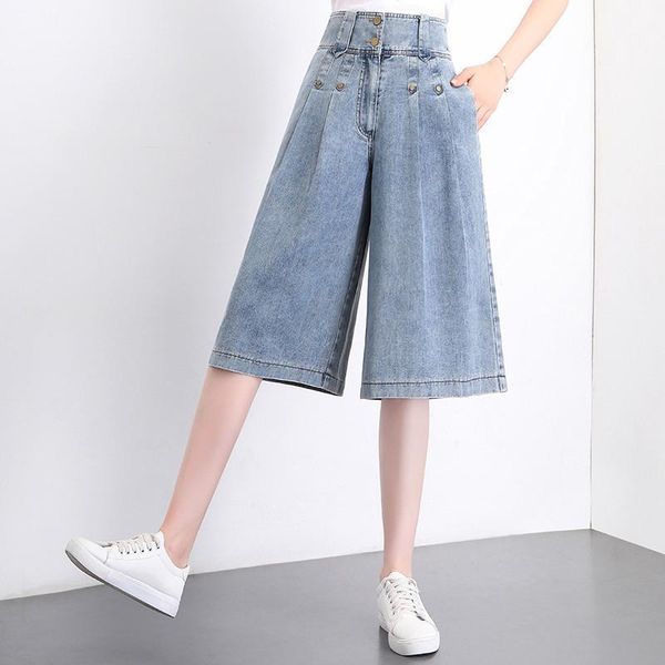 

women's jeans yuanwei] 2021 spot denim wide leg pants high waist 7-point casual thin version factory1, Blue