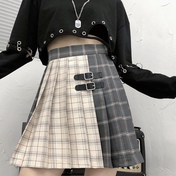 

ruibbit new arrival gothic punk harajuku women chic preppy style plaid pleate female fashion mini skirts1, Black