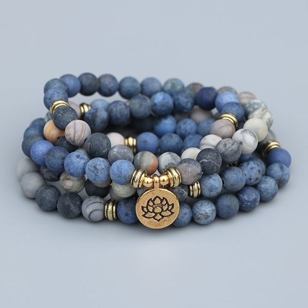 

edothalia 108 beads mala lotus bracelet 8mm matte blue stone & picasso stone women men meditation yoga bracelets drop ship y200107, Golden;silver