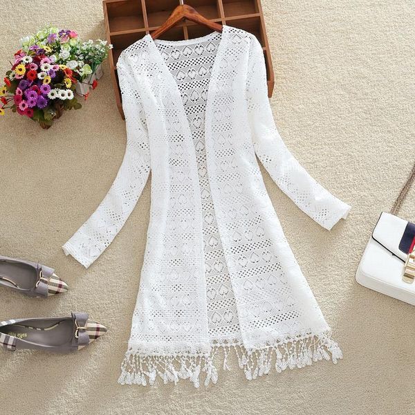 

women slim thin lace jakcet chaqueta mujer new 2019 summer long sleeve hollowing tassels medium long cardigan womens outerwear, Black;brown