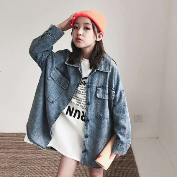 

autumn girls' double shirt pocket thin 2020 new korean mid long denim children's coat, Black