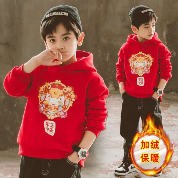 

hooded children's sweater red plush thickened base coat w78s, Black