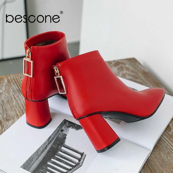 

boots bescone elegant ankle classic little square toe high heel zipper cow leather warm wool winter women shoes bo6741, Black