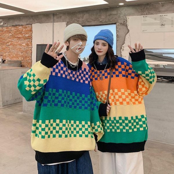 

winter color plaid sweater men's warm fashion retro casual knitted pullover men wild loose korean couple knitting sweaters s-2xl, White;black