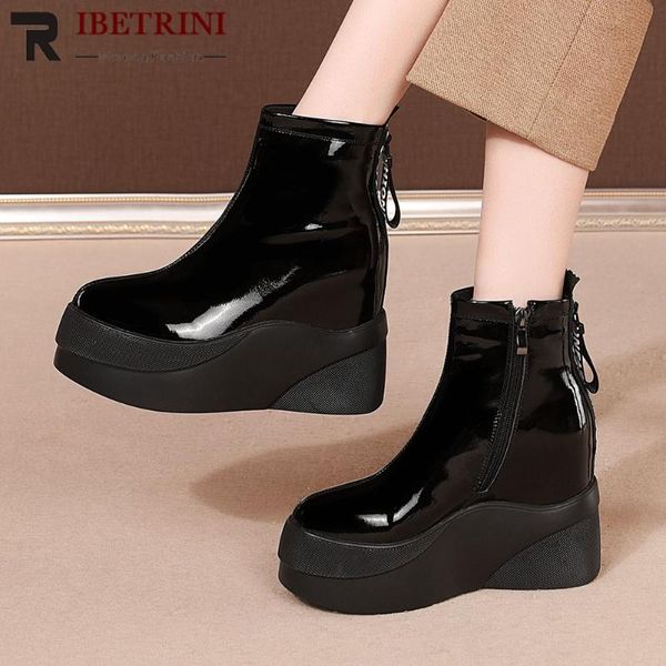 

boots ribetrini brand high-quality patent leather zipper platform height increased ankle stylish winter shoes women, Black