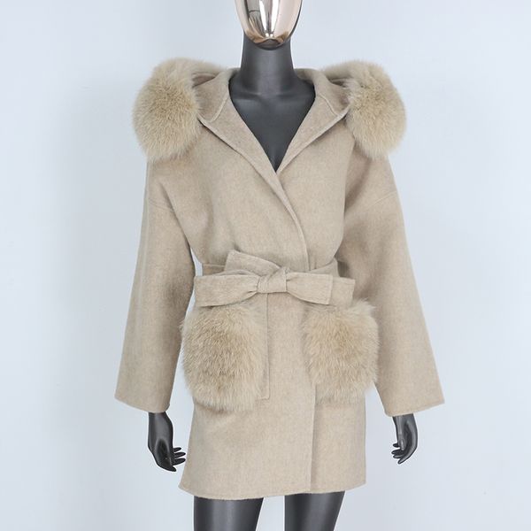 BluenessFair Cashmere Wool combina casaco de pele real jaqueta de inverno mulheres natural raposa pele colarinho bolso outerwear cinto streetwear 201102