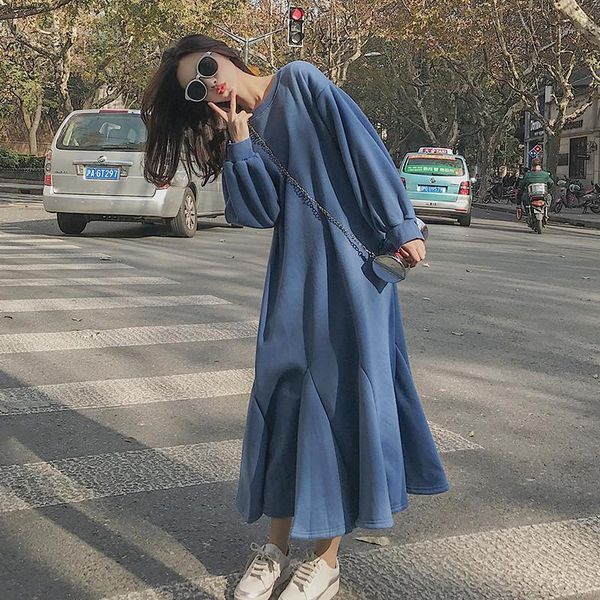 

superaen 2020 solid blue slim loose o neck long ruffle fleece casual sweatshirt dresses women1, Black;gray