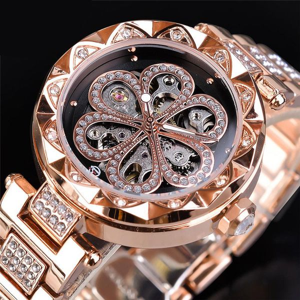 

2021 new european and american women's fashion leisure water drill hollow out mechanical waterproof automatic mechanical christmas pres, Slivery;brown