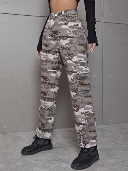 

high waist camo print cargo pants 38bx#, Black;white