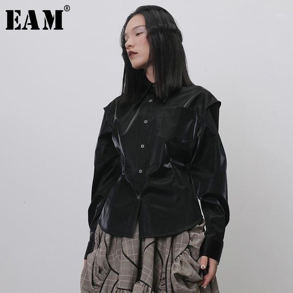 

eam] women black split joint pu leather blouse new lapel long sleeve loose fit shirt fashion tide spring autumn 2020 1h2631, White