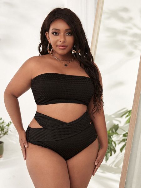

plus textured bandeau high waisted bikini swimsuit w1em#, Black