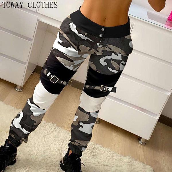 

women buckle camouflage print cargo pants long patchwork causal pants, Black;white