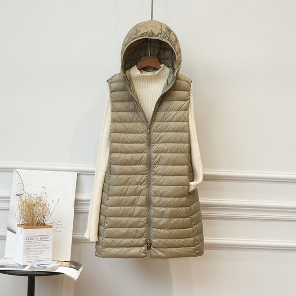 

2021 new ultra light vest women hooded lightweight waistcoat female down coat long slim sleeveless 1vf6, Black;white