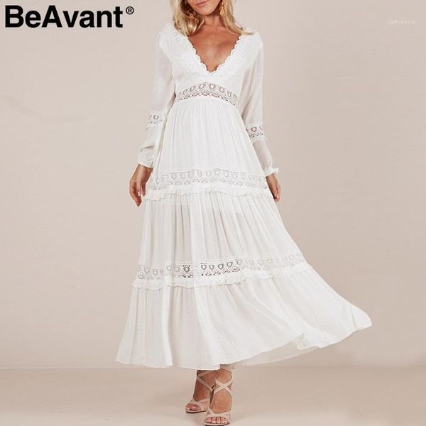 

casual dresses beavant backless v neck dress women elegant long sleeve white lace hollow out pleated summer 2021 vestidos1, Black;gray