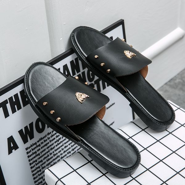 Мужские тапочки высшего качества Ace Designer Slides Metal Button Vintage Flat Flat Flate Leather Beach Shoes Black Sandals Flip Flop Slide Большой размер 38-48 534