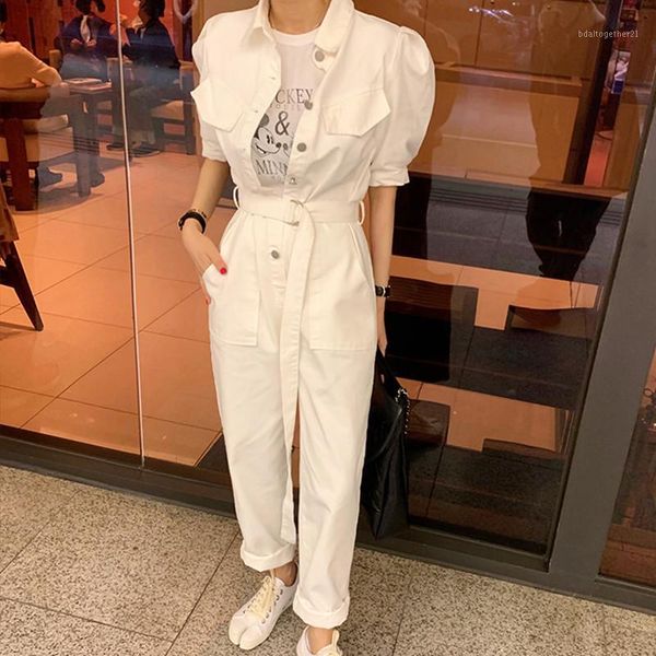 

women's jumpsuits & rompers 2021 denim jumpsuit women romper short sleeve belt lace-up pink/white summer jeans female streetwear overal, Black;white
