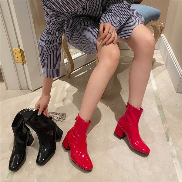 

2020 patent thick high heels sqaure western cowgirl women ladies leather boots short shoes 5tb4, Black