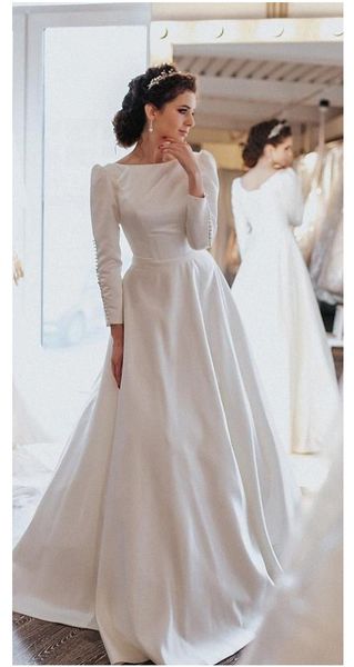 

simple 2021 bateau wedding dresses white a line long sleeves with buttons ruched stain sweep train bridal gowns dresses