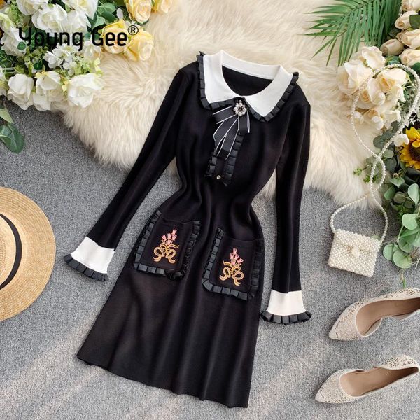 

young gee women elegant sweater dress new female autumn winter white black long sleeve ruffles stretch knitted sweaters dresses lj201112, Black;gray