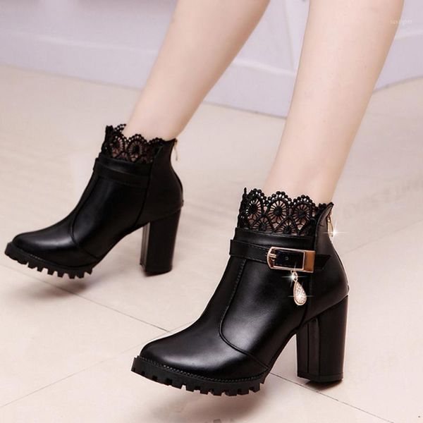 

boots women's leather ankle ruffles lace winter short boot evening party lady elegant high heel shoes england style botas warm1, Black