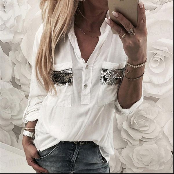 

women shirt streetwear casual style long sleeve patchwork v neck white color sequined shirt size s xl drop shipping