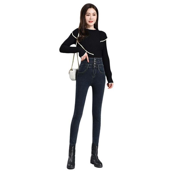 

women's jeans high waist women black plus size stretch 2021 spring autumn korean slim single-breasted long pencil pants cx656, Blue