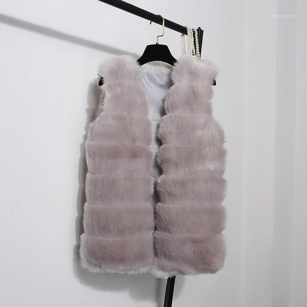

2018 autumn v-neck sleeveless long faux fur vest female warm solid 5 colors fake fur cardigan1, Black