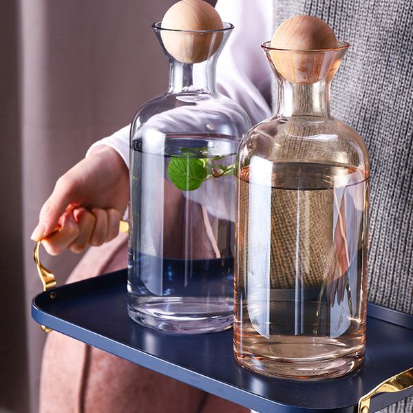 

nordic style glass carafe pitcher with wood lid cold drinks tea jug waterkoker household drinkware clear water bottle q1222