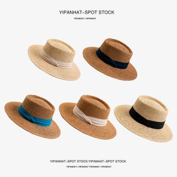 

straw hats women beach summer outdoor solid weaven band belt fascinator women hats spring flat casual sun for men, Blue;gray