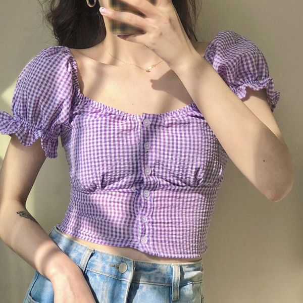 

women blouse square collar puff sleeve short plaid print buttons blouse slim blouses bottoming shirts new, White
