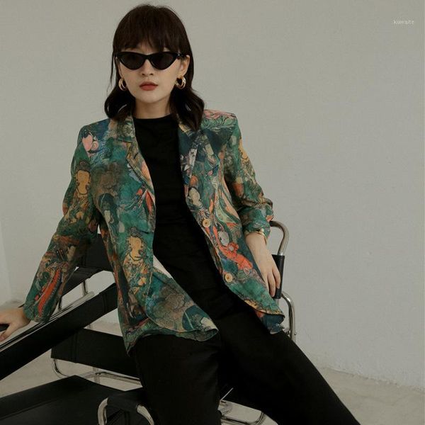 

women blazer vintage printed suit jacket ethnic-style long sleeve fashion spring and autumn new style suit1, White;black