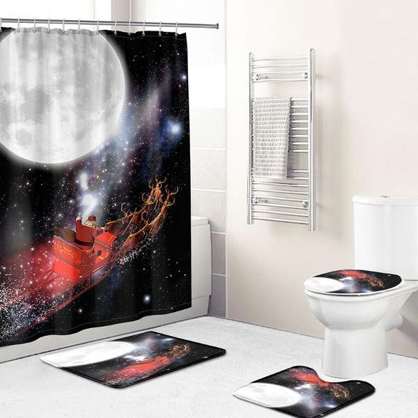 

bath accessory set christmas gift decoration 3d printing waterproof shower curtain antiskid flannel toilet three piece bathroom with hook