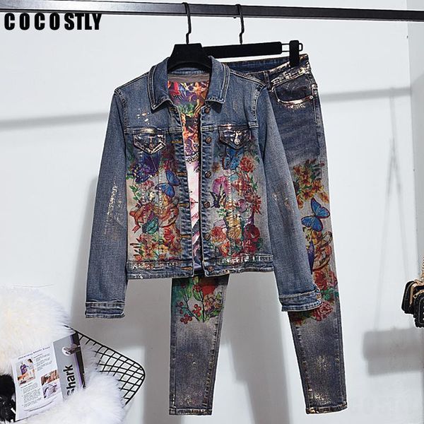 

2 piece set women flowers print denim jeans jacket pants suit lady two pcs elastic material painting trends women matching set1, Gray