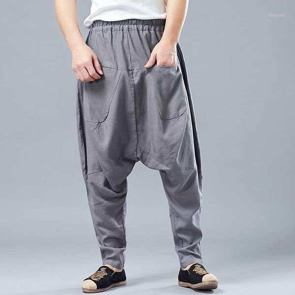 

linen cotton front pocket harem pants men casual retro loose baggy trousers drop crotch hip hop pants man clothes1, Black