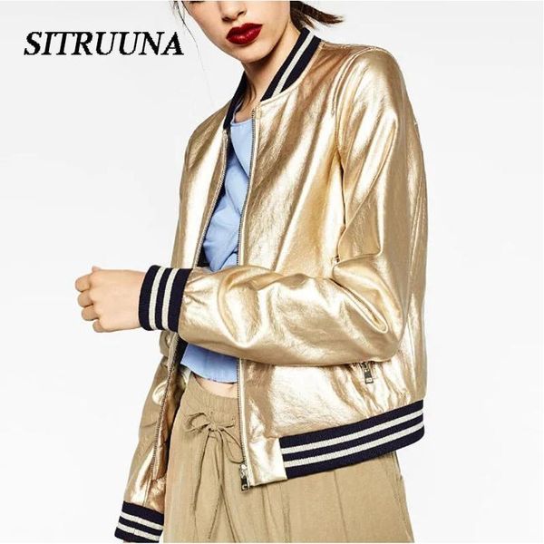

sitruuna autumn metal color women bomber jacket ladies pu leather jacket pu leather baseball female zipper becoat1, Black;brown