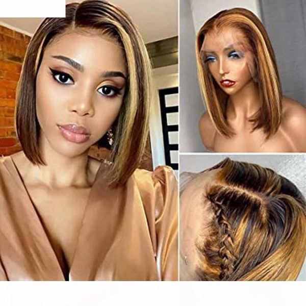 

straight brown blond ombre bob highlight silk closure frontal human hair wigs for black women 9a remy brazilian hd natural hairline, Black;brown