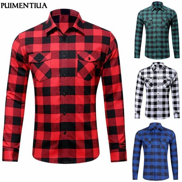 

men's casual shirts puimentiua cotton mens fashion plaid printed with pockets streetwear turn-down collar long sleeve basic shirt 1, White;black