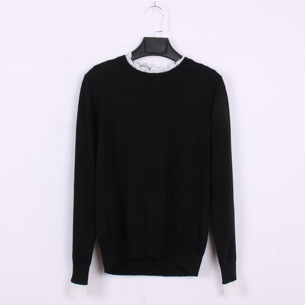 

lace patchwork solid retro sweater women spring long sleeve round neck button cozy pullover casual vintage soft sweaters 2021, White;black
