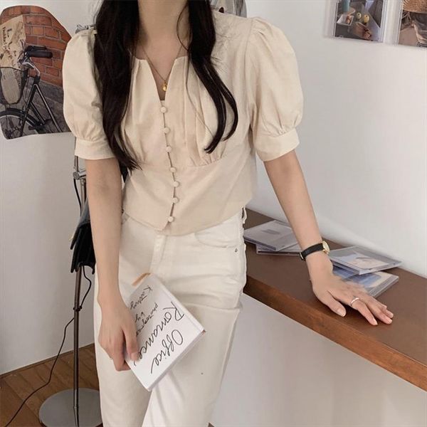 

hzirip retro elegant v neck women high waist 2020 chic gentle vintage feminine delicate short puff sleeve shirts 3 colors, White