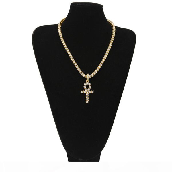 

hip hop iced out rhinestone crystal key to life egypt cross ankh pendant necklace with tennis chain, Silver