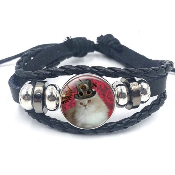 

time woven gem bracelet leather diy multi-layer cute cat glass cabochon