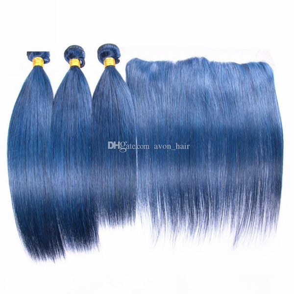 

silky straight human hair weft 3pcs with lace frontal pure blue color hair bundles extensions with ear to ear lace frontal, Black;brown
