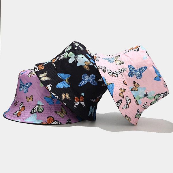

colorful butterfly pattern fisherman hat double-sided wearable casual cotton basin hat outdoor sun, Blue;gray