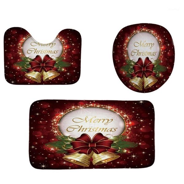 

3pcs mat set christmas serie printing bathroom shower curtain toilet waterproof red1